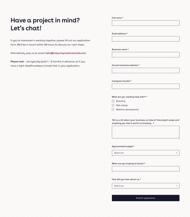 Holy Moly Creative Studio Contact Form Preview
