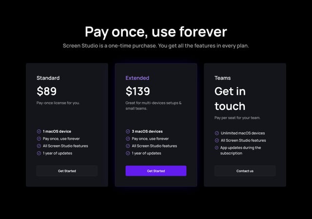 Screen Studio Pricing Table Preview