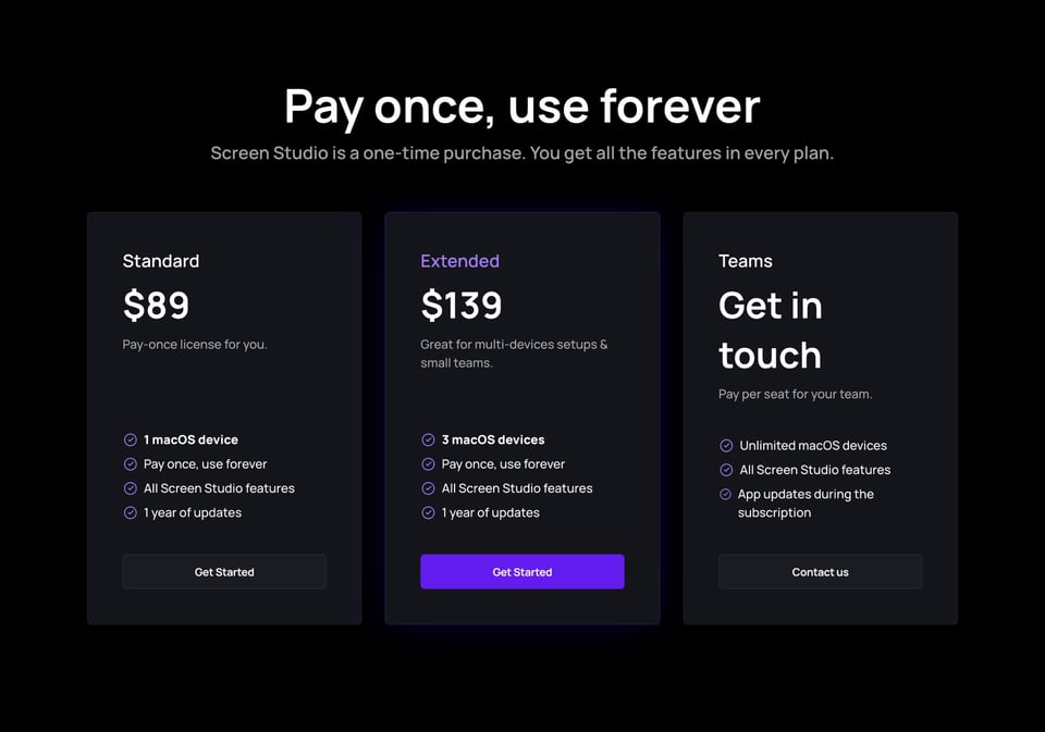 Pricing Table section on Screen Studio section design