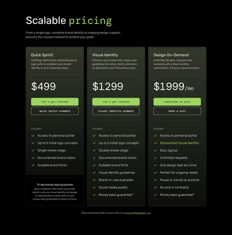 Pricing Table section on Logomark section design