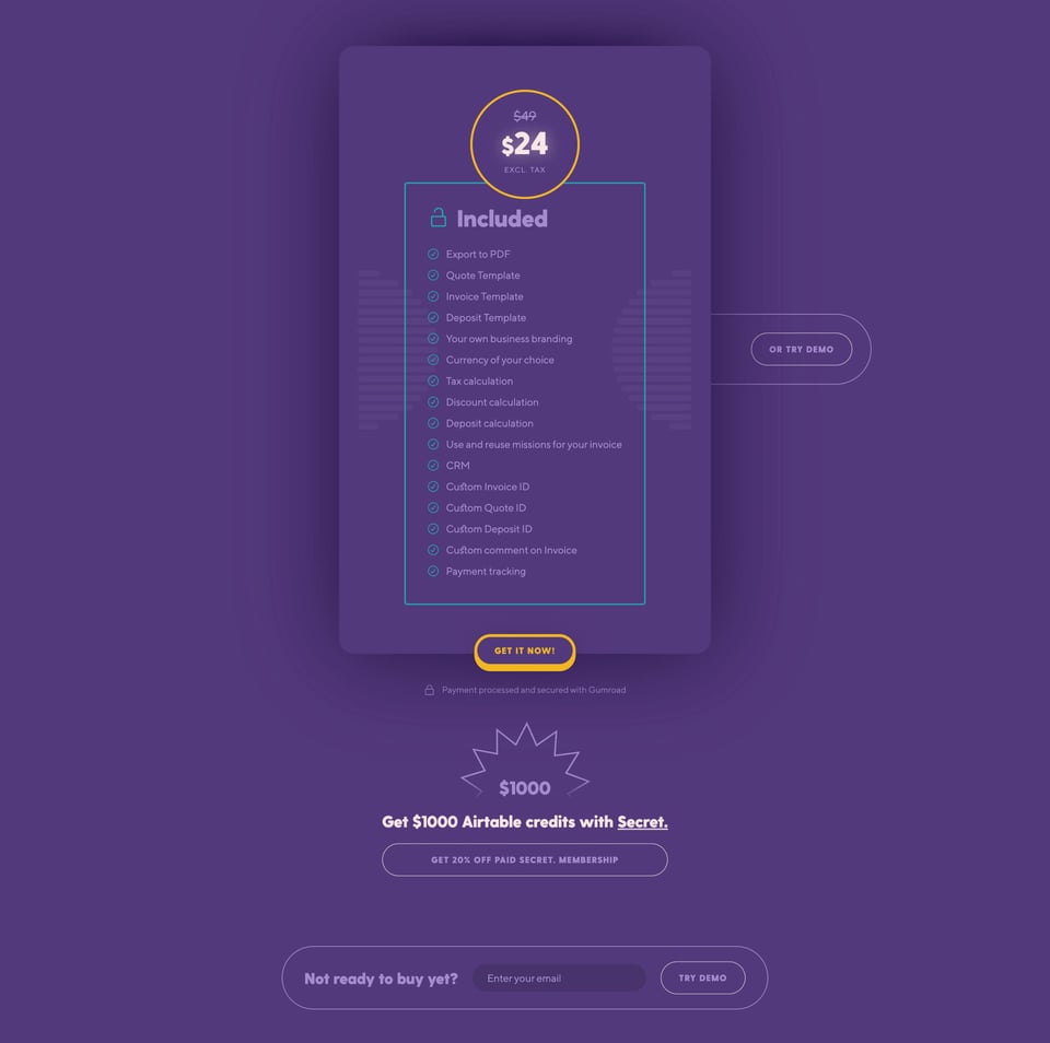 Pricing Table section on Airtable Invoice Maker section design
