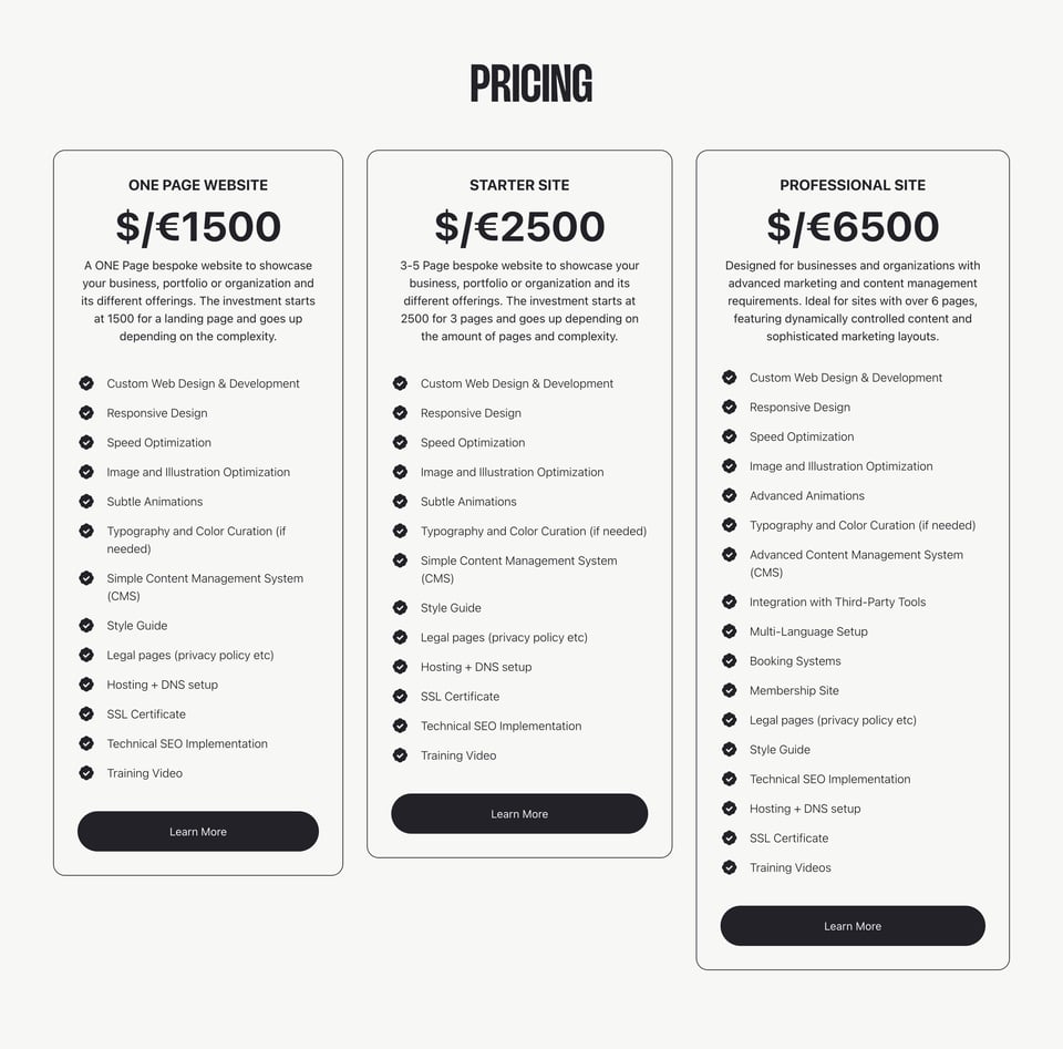 Pricing Table section on Built by Juniper section design