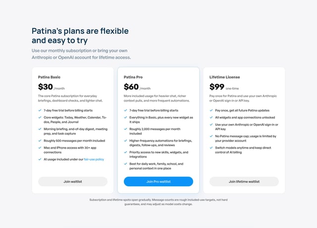 Patina Pricing Table Section