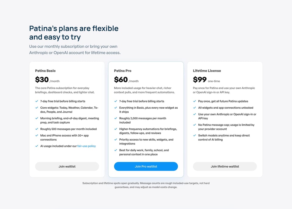 Pricing Table section on Patina section design