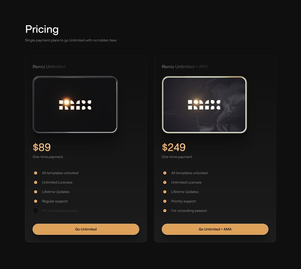 Pricing Table section on Remix.Supply Unlimited Access section design