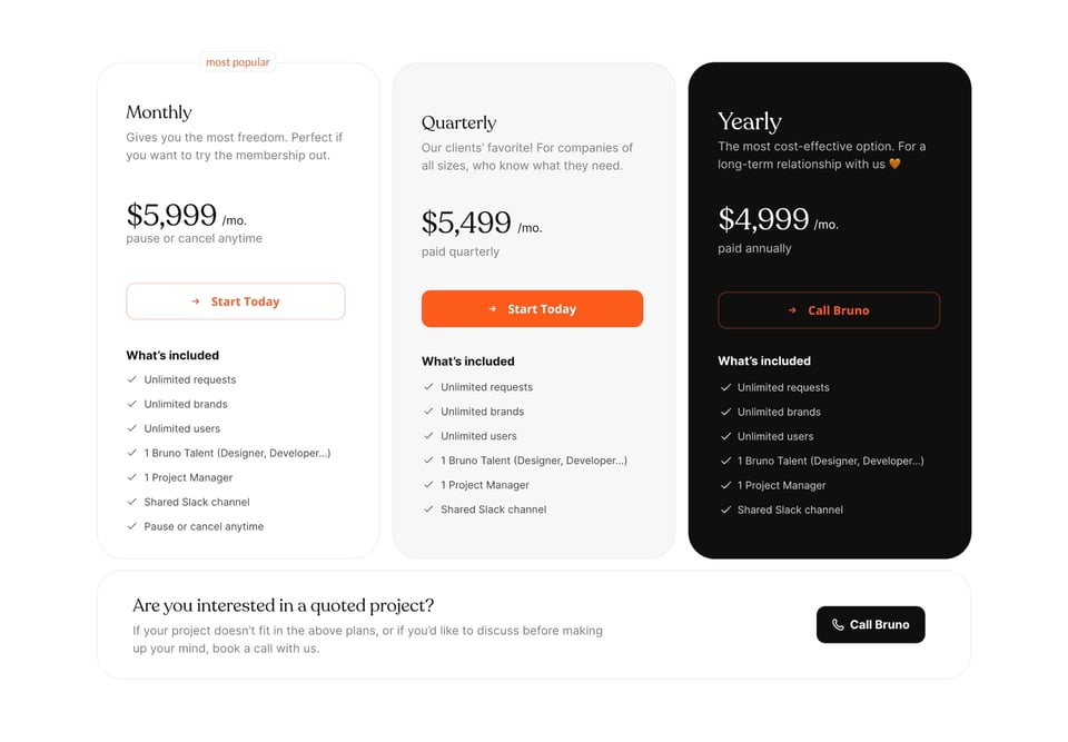 Pricing Table section on Bruno Membership section design