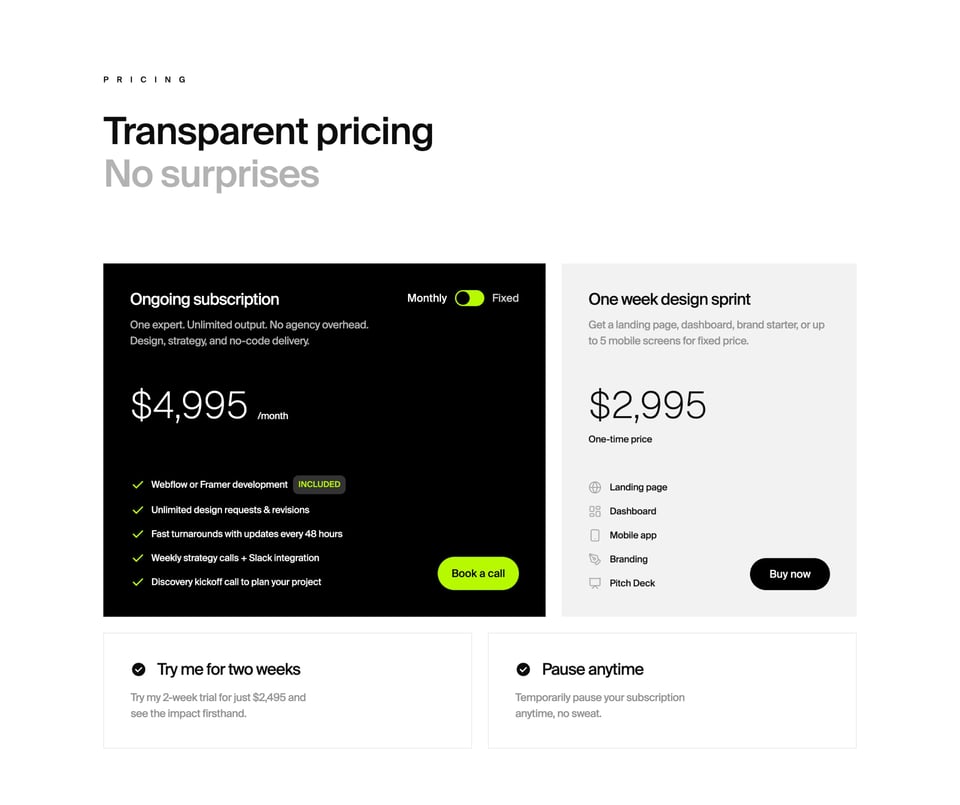 Pricing Table section on Robin section design
