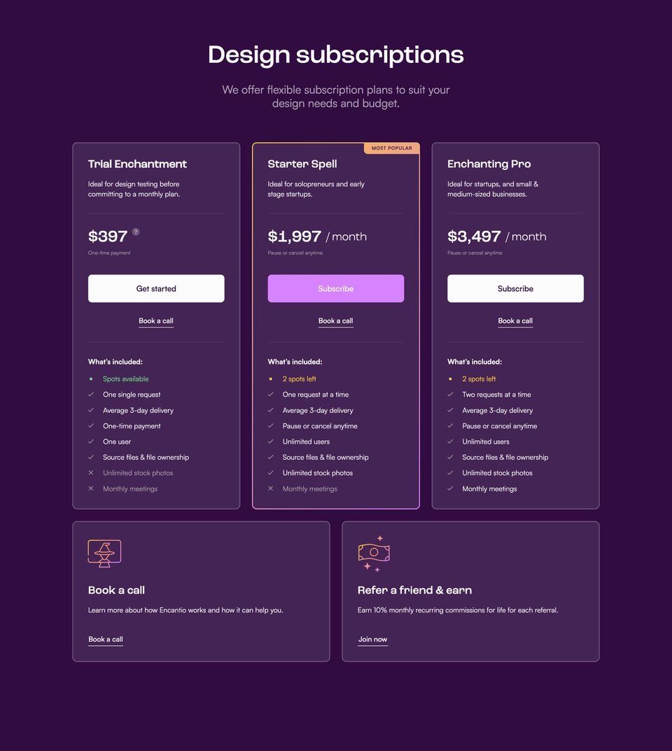 Pricing Table section on Encantio section design