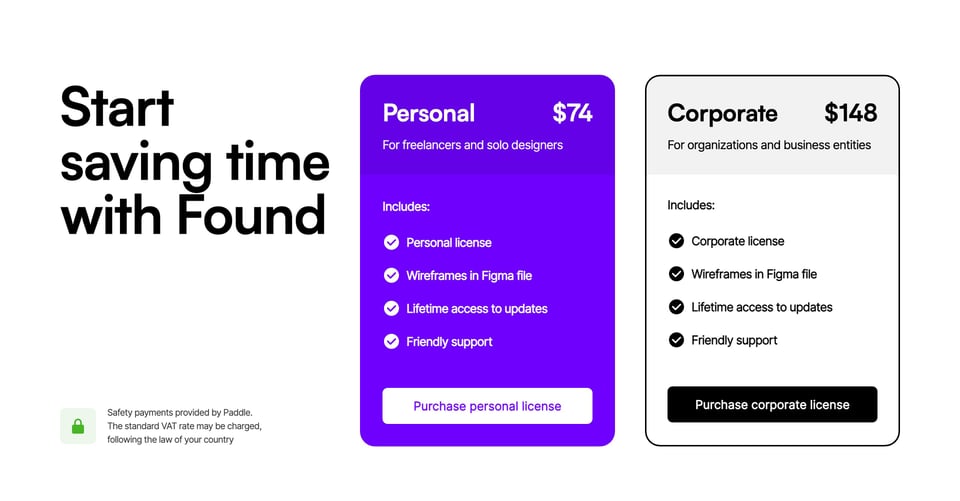 Pricing Table section on Found section design