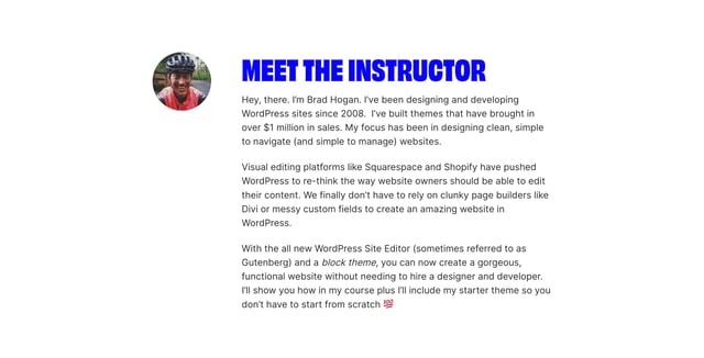 Block Themes Pro Course Biography Preview