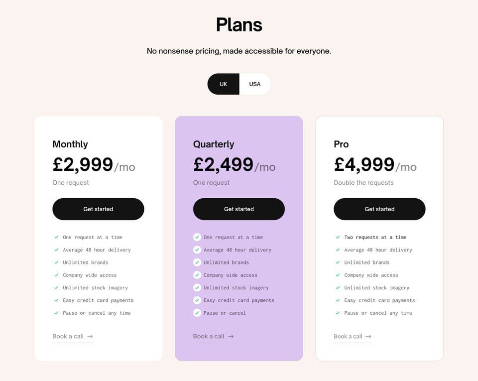 Pricing Table section on DesignShip section design