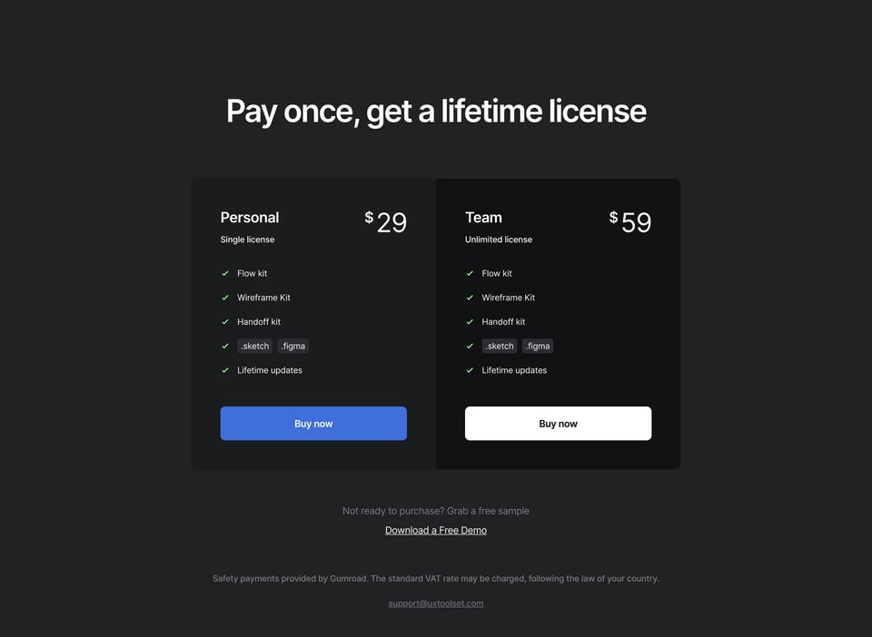 Pricing Table section on UXToolset section design