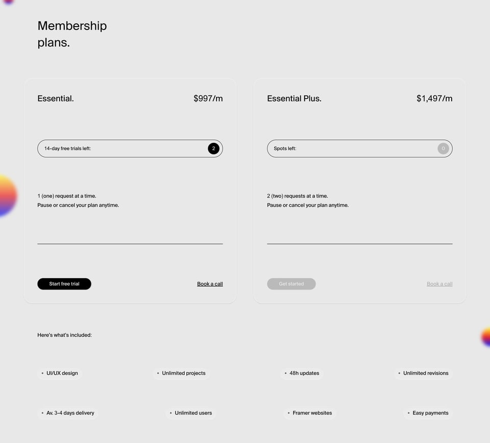Pricing Table section on Archie Max section design