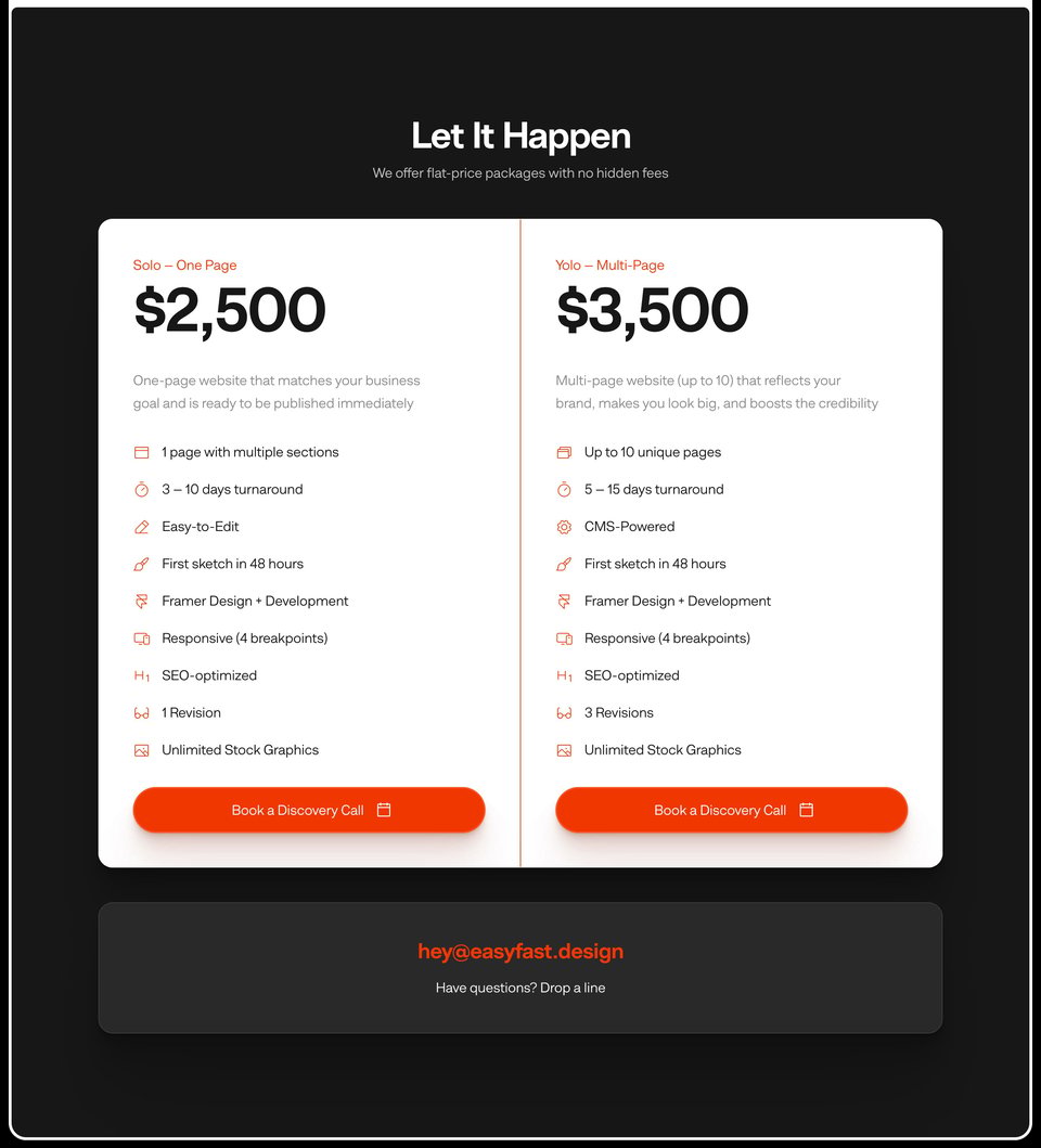 Pricing Table section on EasyFast section design