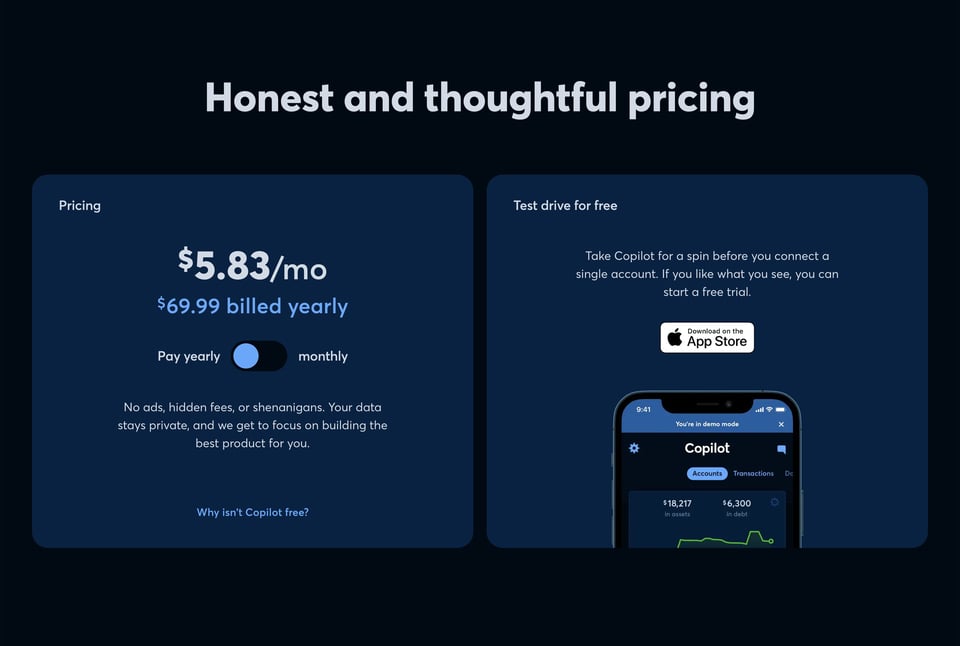 Pricing Table section on Copilot section design