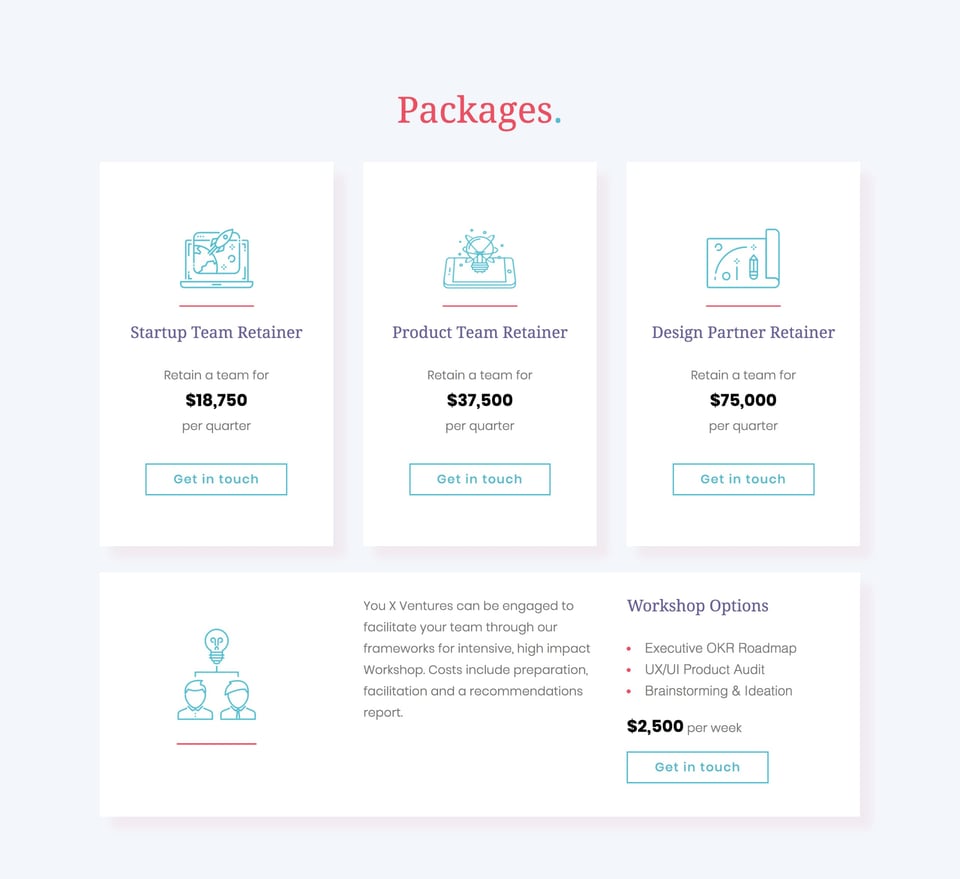 Pricing Table section on You X Ventures section design