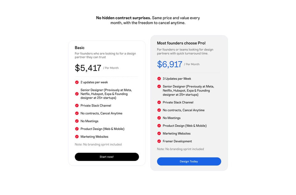 Pricing Table section on Baked Design section design