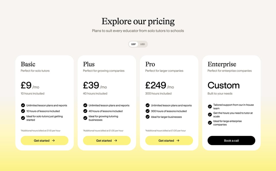 Pricing Table section on Bobbin section design