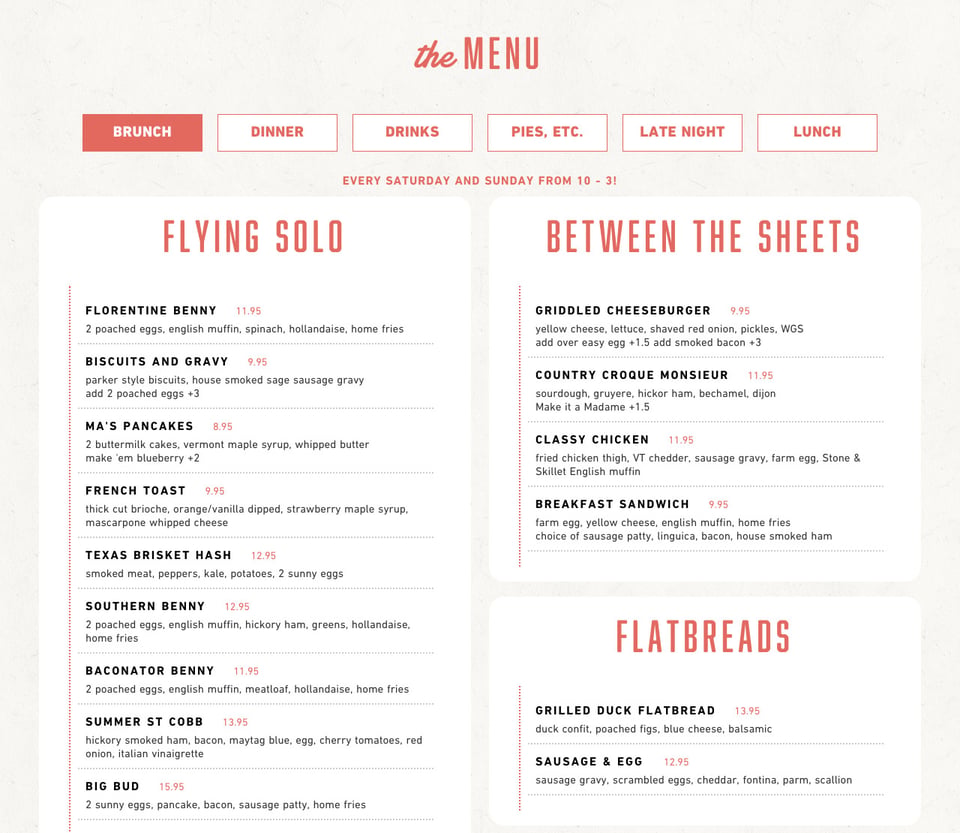 Food & Drinks Menu section on Rosebud American Kitchen & Bar section design