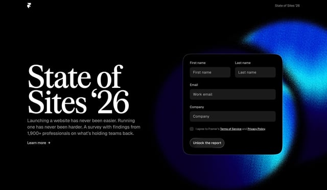 Framer: State of Sites 2026 Lead Capture Hero Section