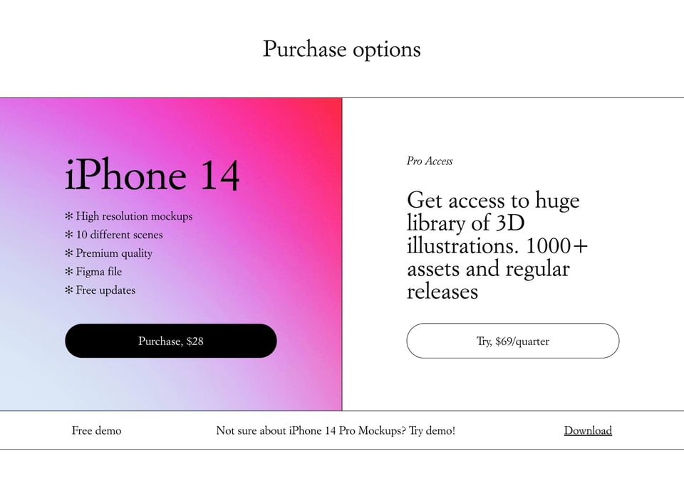 Pricing Table section on iPhone 14 Pro Mockups section design