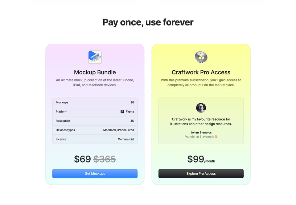 Pricing Table section on Craftwork Mockups section design