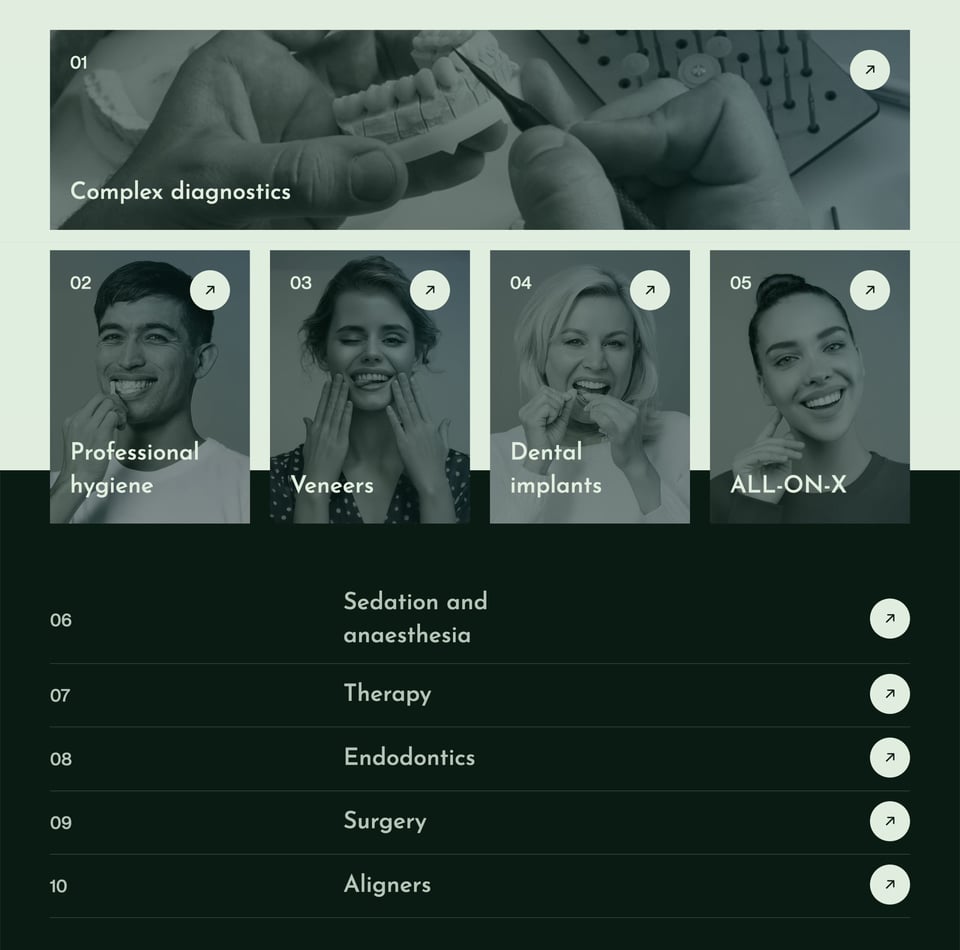 Services List section on LAVA dental Studio section design