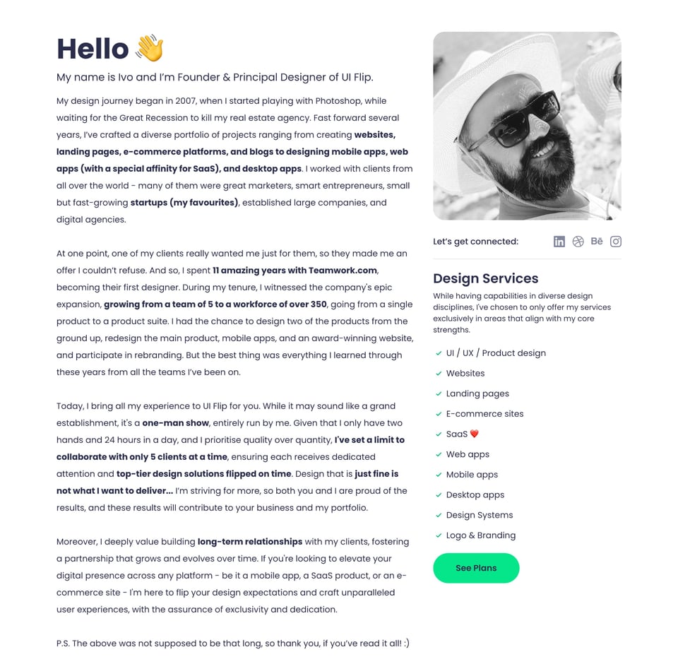 Biography section on UI Flip section design