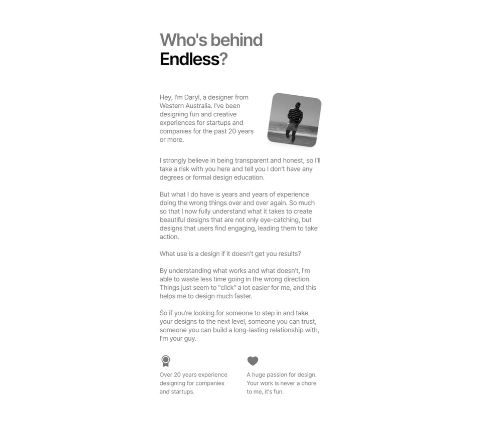 Biography section on Endless section design