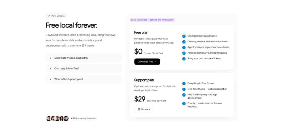 Pricing Table section on Voxt section design