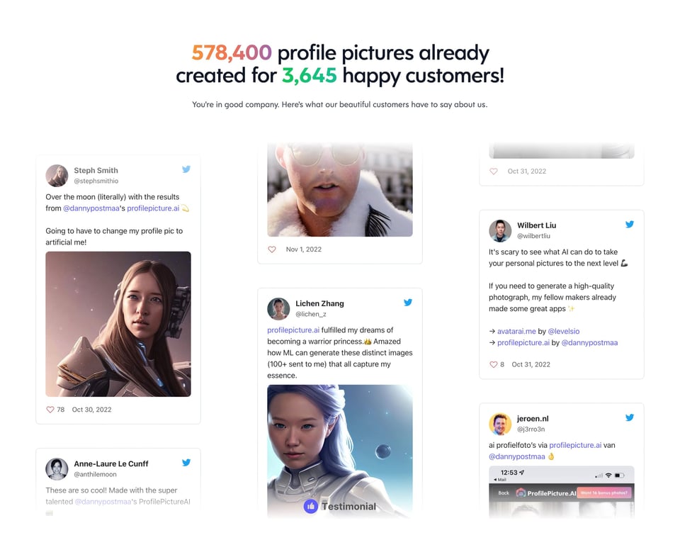 Testimonial Tweets section on AI Profile Picture Generator section design