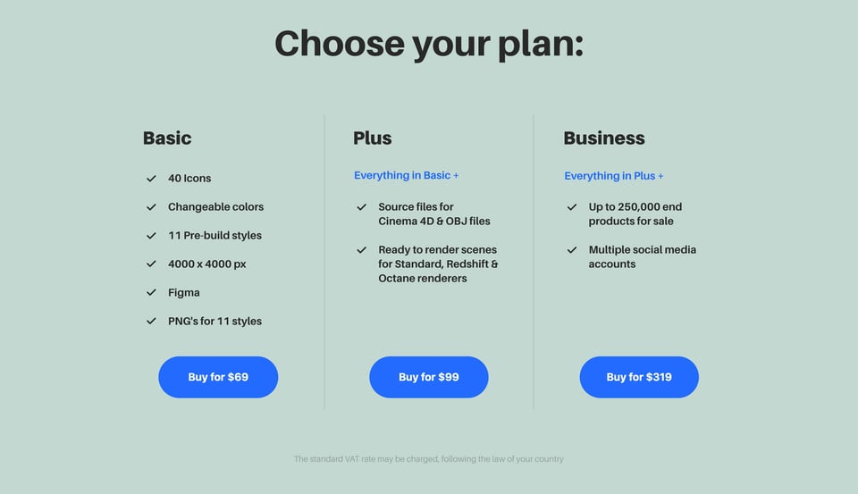 Pricing Table section on 3D Finance Icons section design