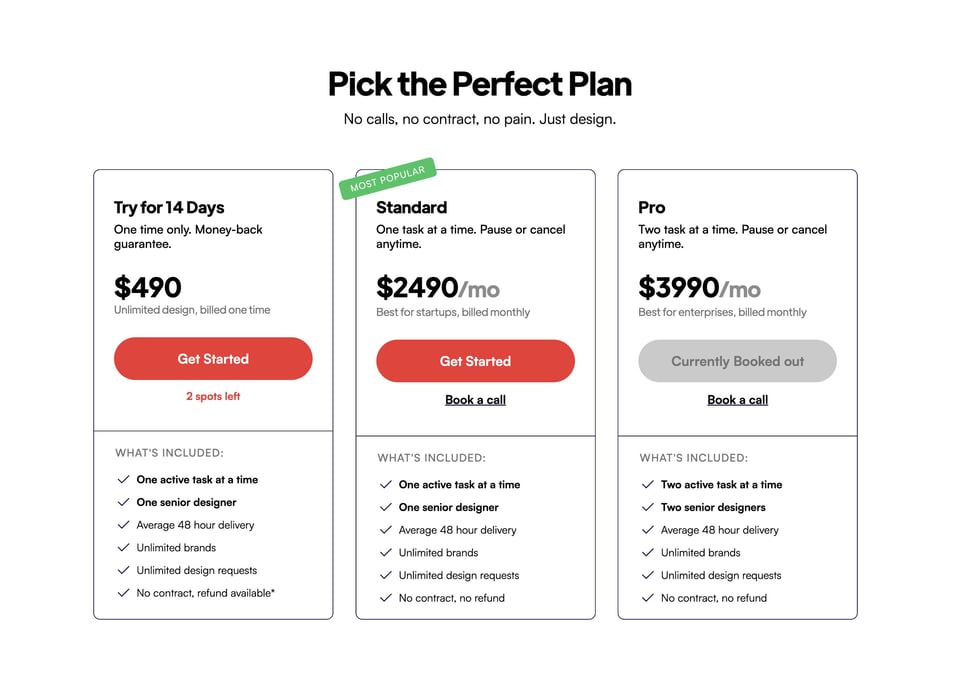Pricing Table section on Pentaclay section design