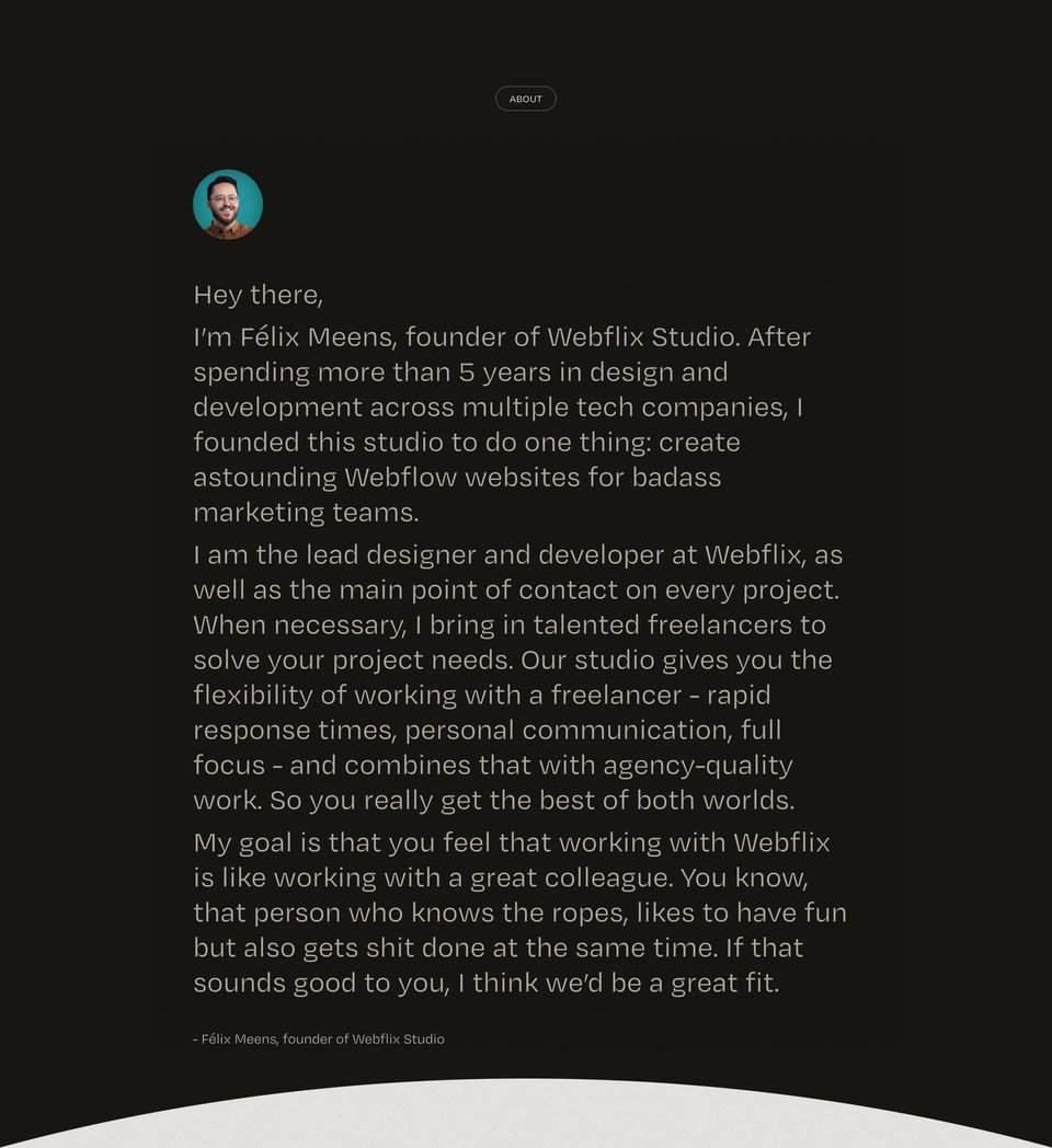 Biography section on Webflix Studio section design