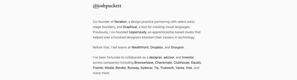 Biography section on Josh Puckett section design