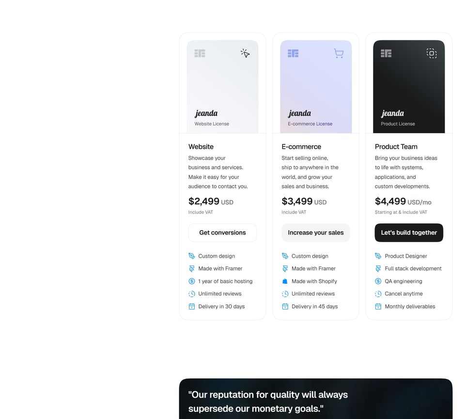 Pricing Table section on Jeanda section design