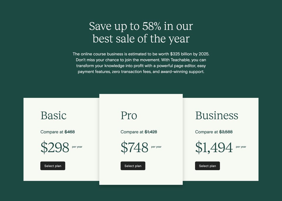 Pricing Table section on Teachable Black Friday section design