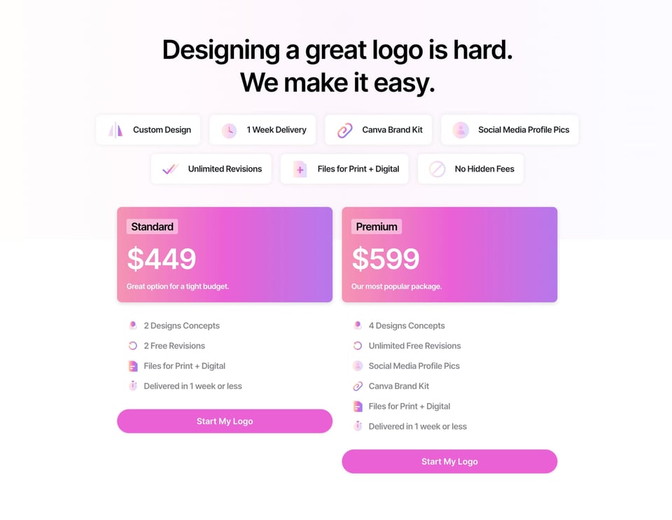 Pricing Table section on Woodrow section design