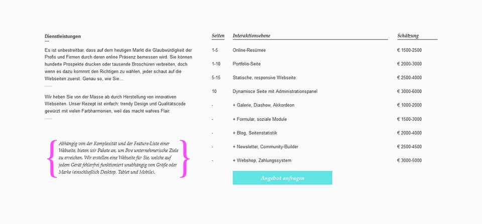 Pricing Table section on Talking Colors Web Design Studio section design