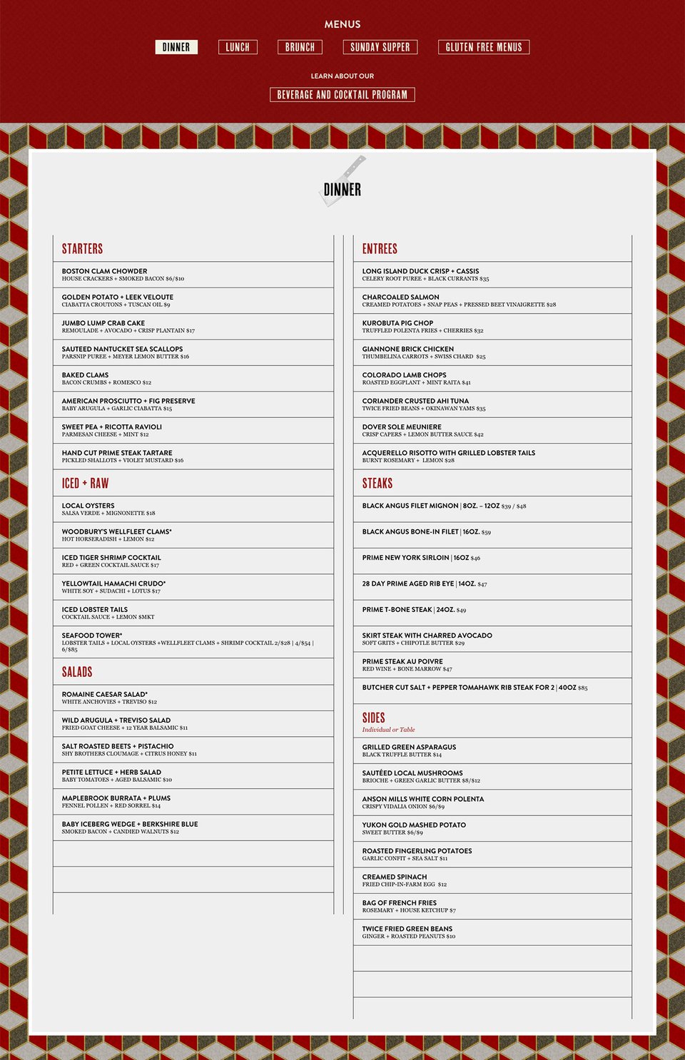 Food & Drinks Menu section on The Bancroft section design
