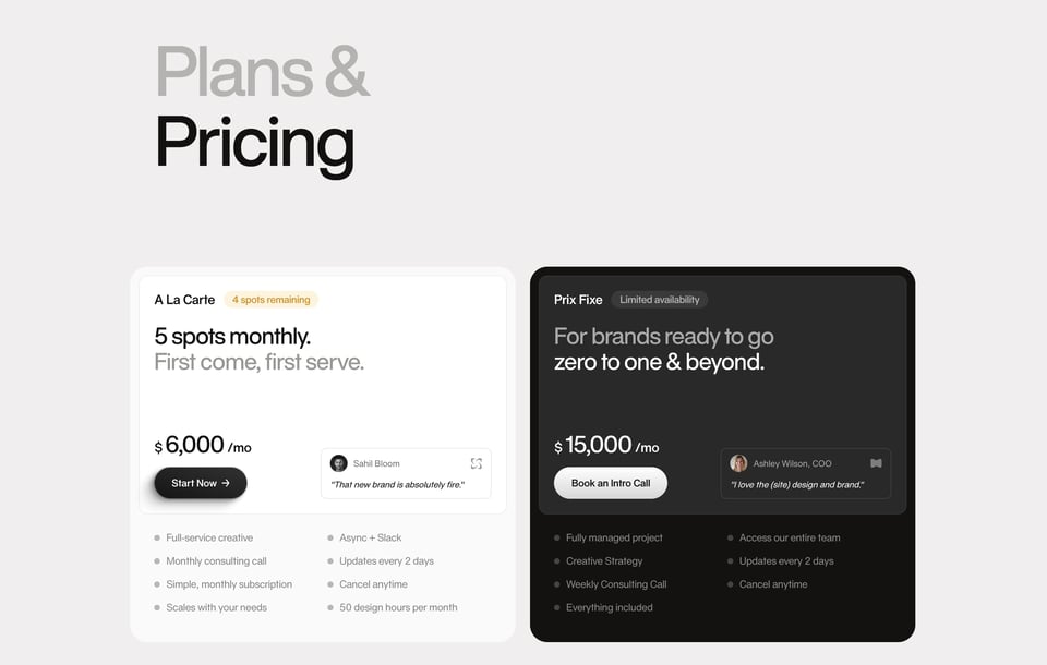 Pricing Table section on Off Menu section design