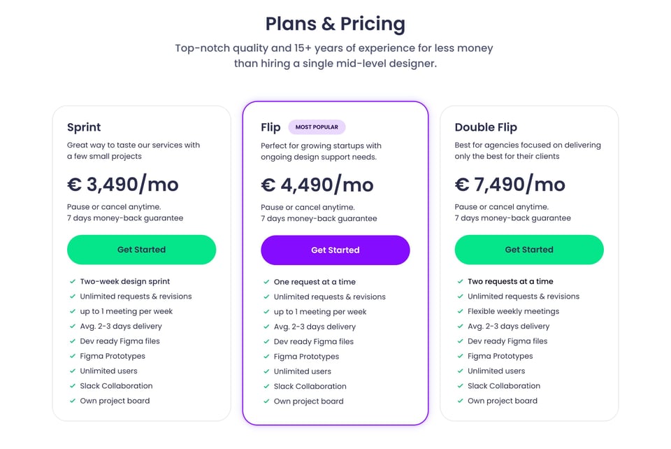 Pricing Table section on UI Flip section design