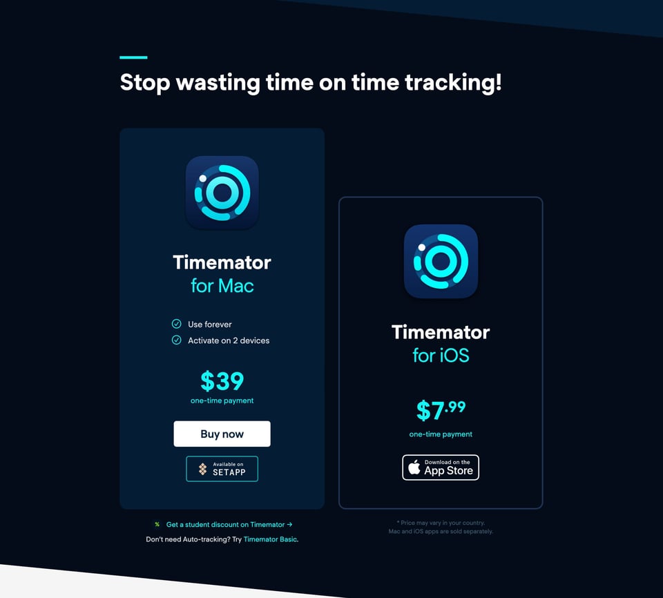 Pricing Table section on Timemator v2 section design