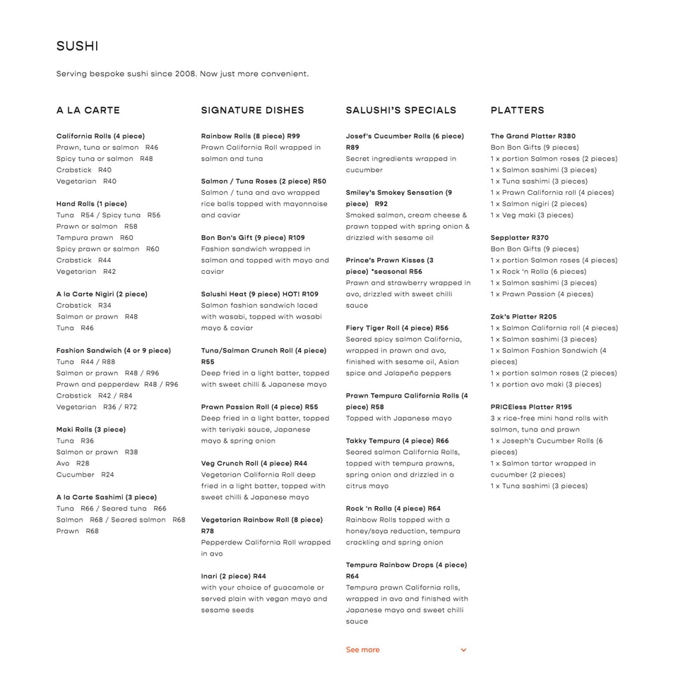 Food & Drinks Menu section on Salushi Express section design