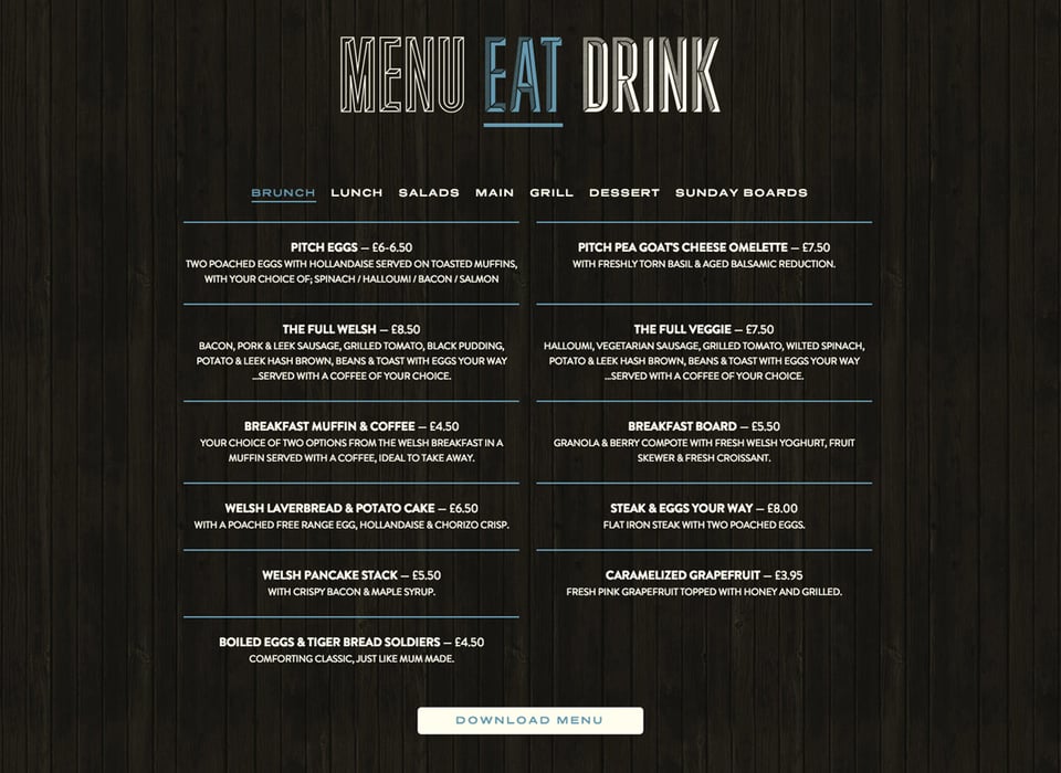 Food & Drinks Menu section on Pitch Bar & Eatery section design