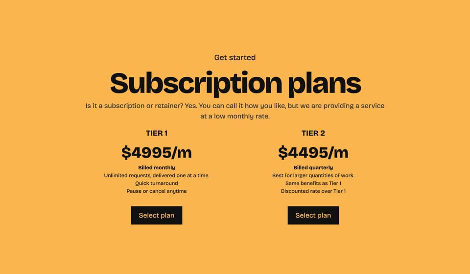 Pricing Table section on Good Company Design section design