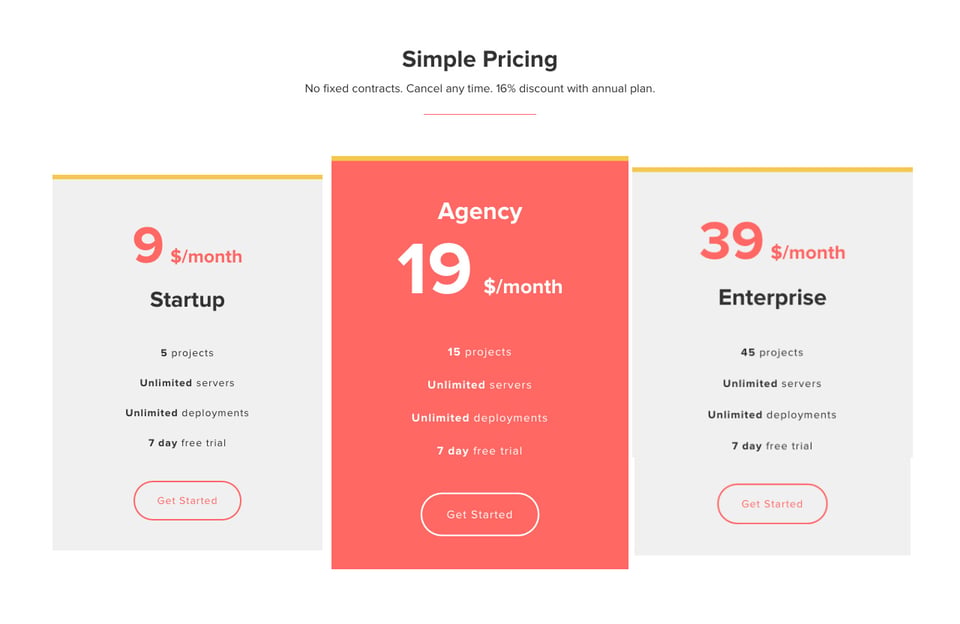Pricing Table section on ClickDeploy section design