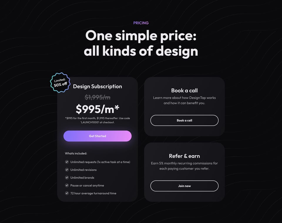 Pricing Table section on DesignTap section design