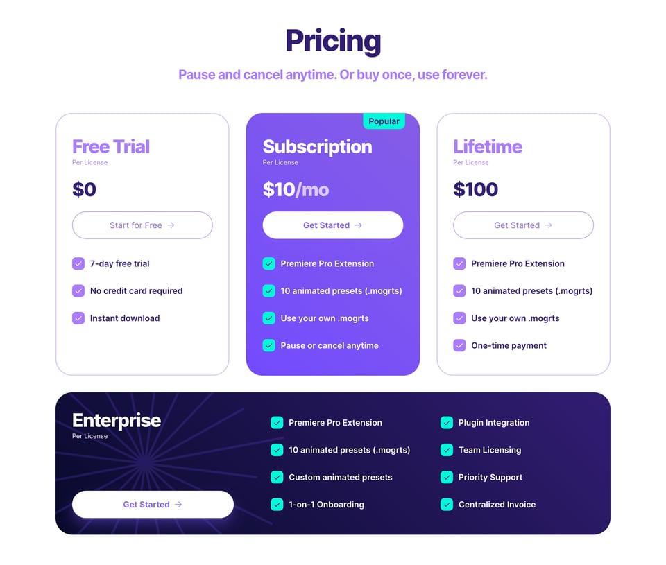 Pricing Table section on Captioneer section design