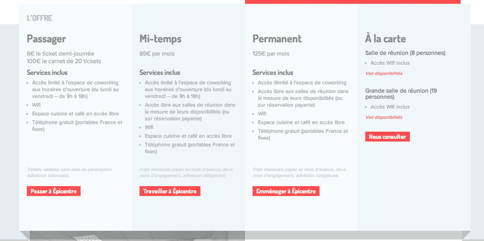 Pricing Table section on Epicentre Cowork section design
